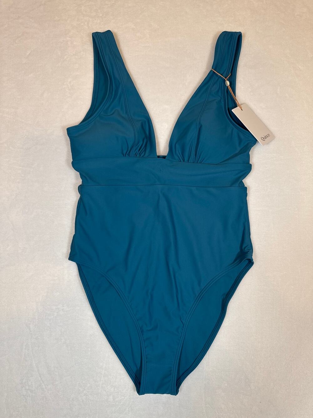 NWT Quince Teal One Piece Bathing Suit w/ Plunging Neckline Size Medium